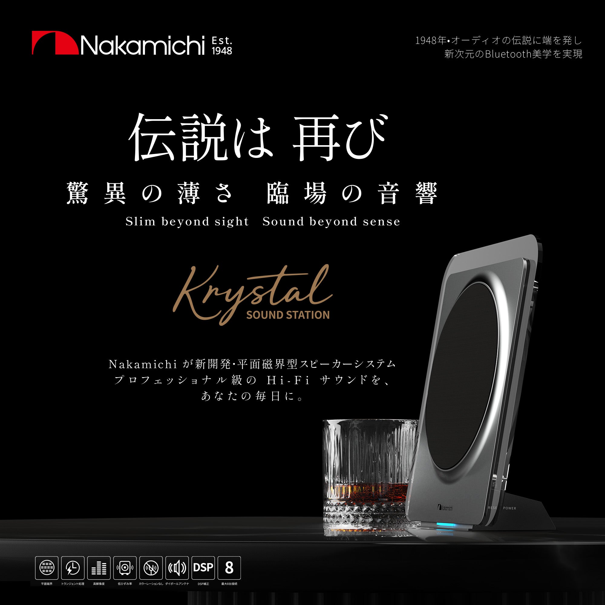 薄く、美しく。まるで“目の前”で聴こえる音 新世代Nakamichi 平面磁界型スピーカーシステム 【Krystal Sound STATION】