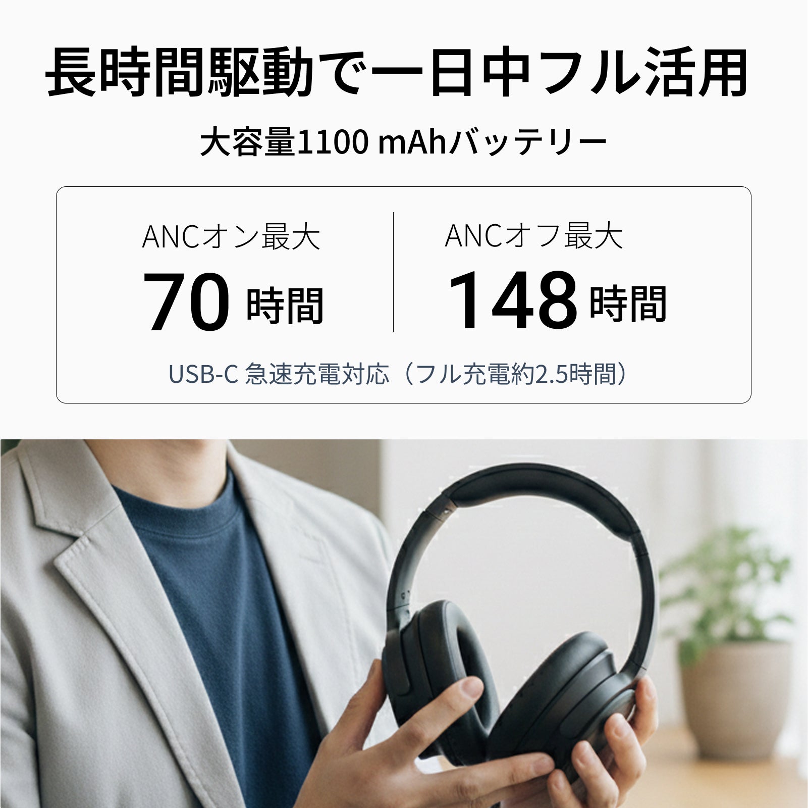 ノイズキャンセリングヘッドホンOE2100ANC|148時間再生|40mm+10mmの同軸デュアルドライバーが奏でる圧倒的な高解像度サウンド|原音を追求するANCヘッドホン