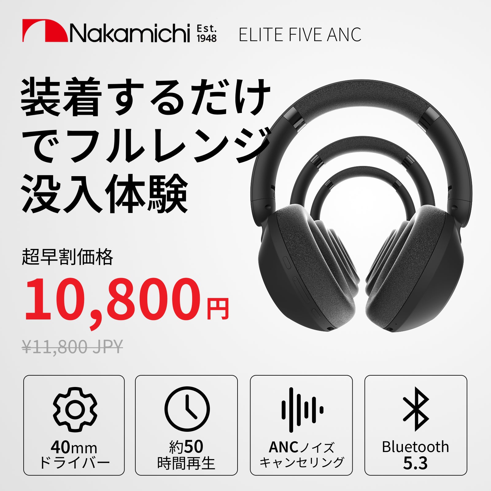 Nakamichi ナカミチサウンドワイヤレス ヘッドホン 有線無線両用Bluetooth 5.3ブルートゥースヘッドホンElite Five ANC