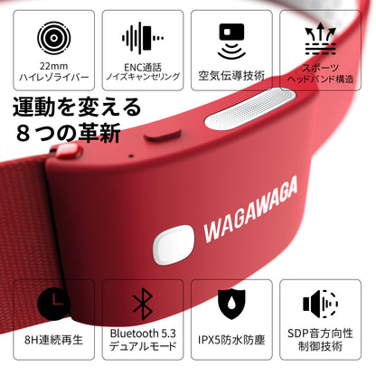 スポーツ専用 空気伝導 Bluetooth 5.3 イヤホン。 着脱式で丸洗い可能。連続再生8時間WAGAWAGA Champion
