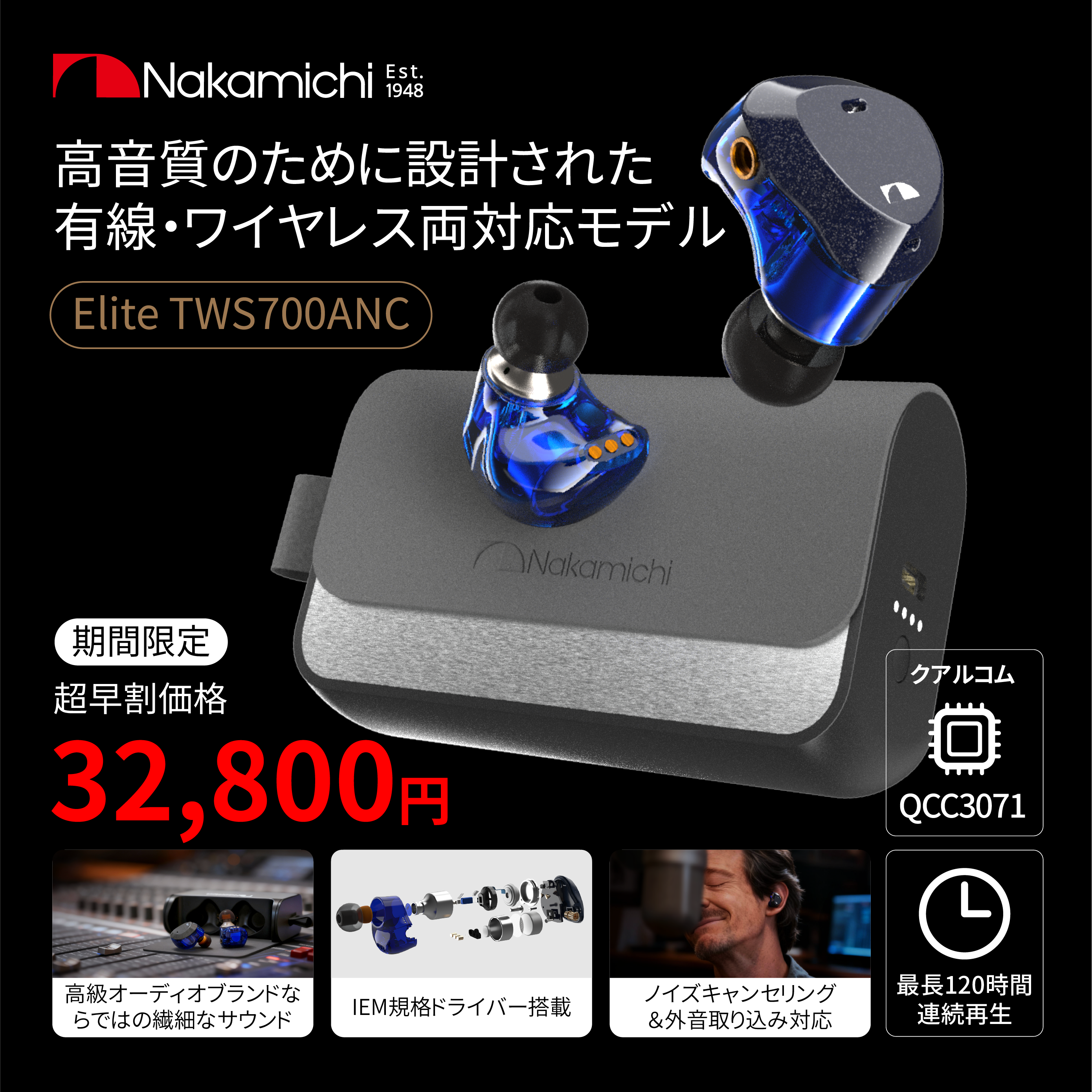 NAKAMICHIナカミチサウンドワイヤレス イヤホン 有線無線両用Bluetooth 5.3ブルートゥースイヤホン